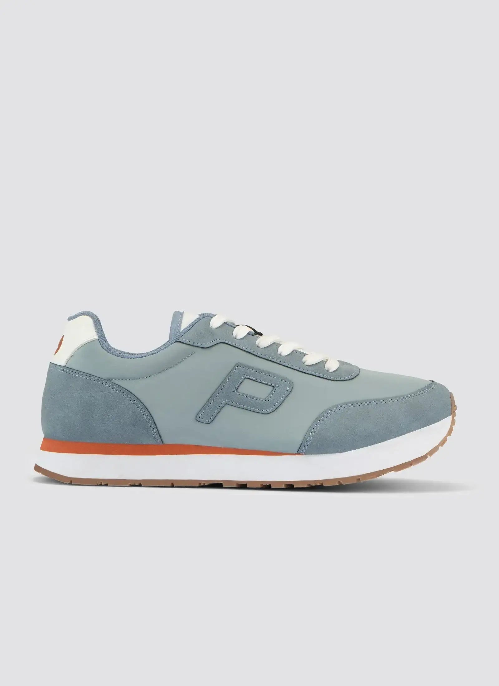 Light blue men's sneaker with suede accents, white laces, and orange sole stripe on white background