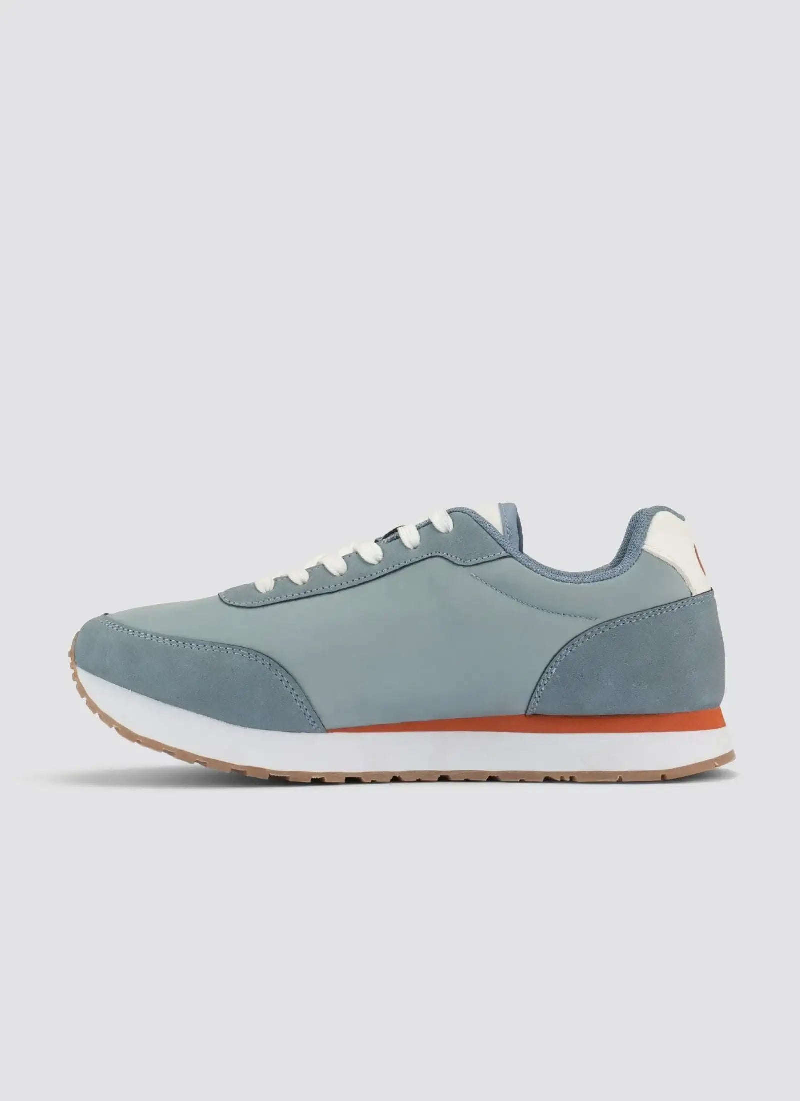 Light blue men's casual sneaker with white sole, orange stripe, and white laces