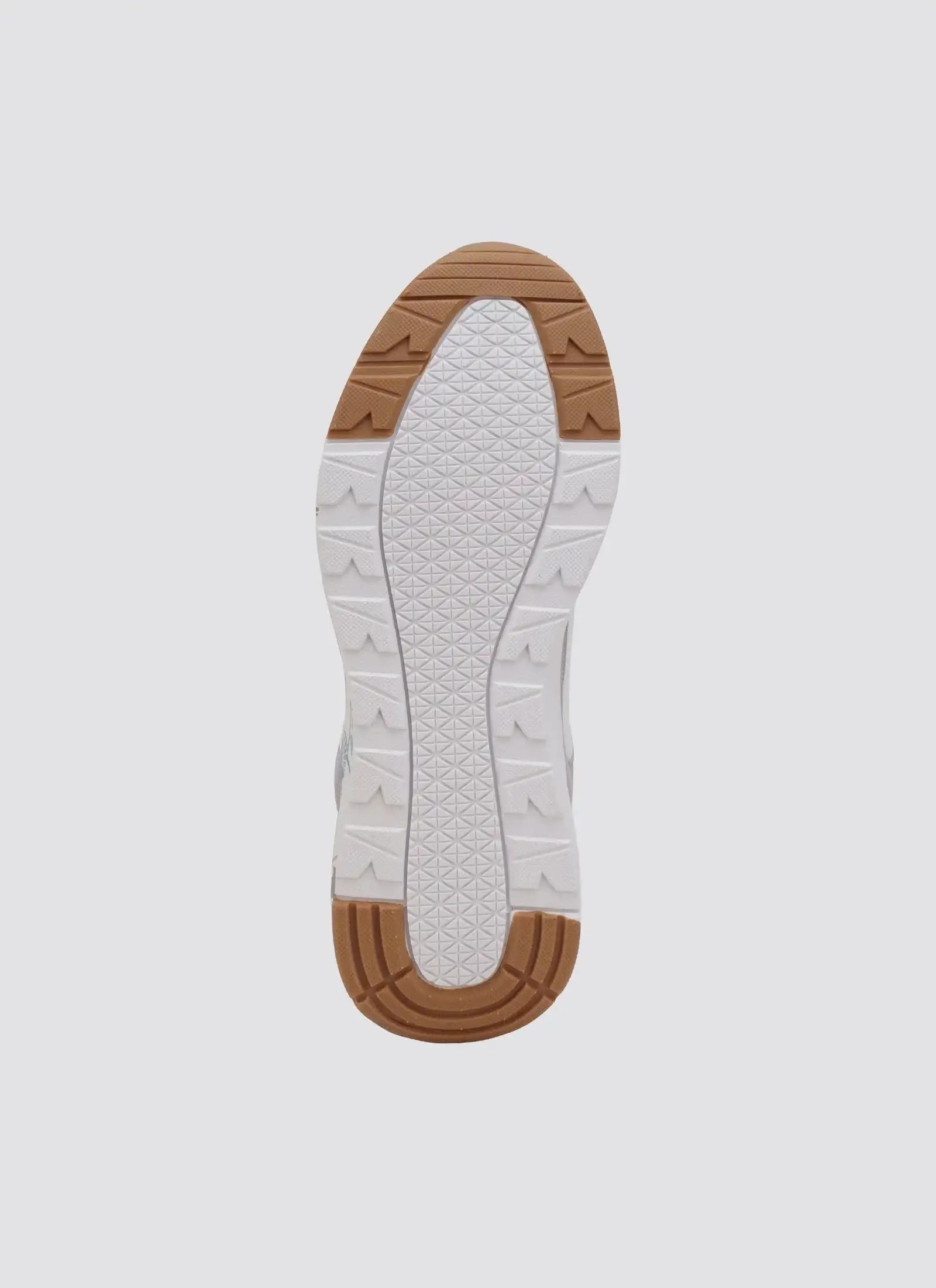 White and tan sneaker outsole with geometric grip pattern on plain background