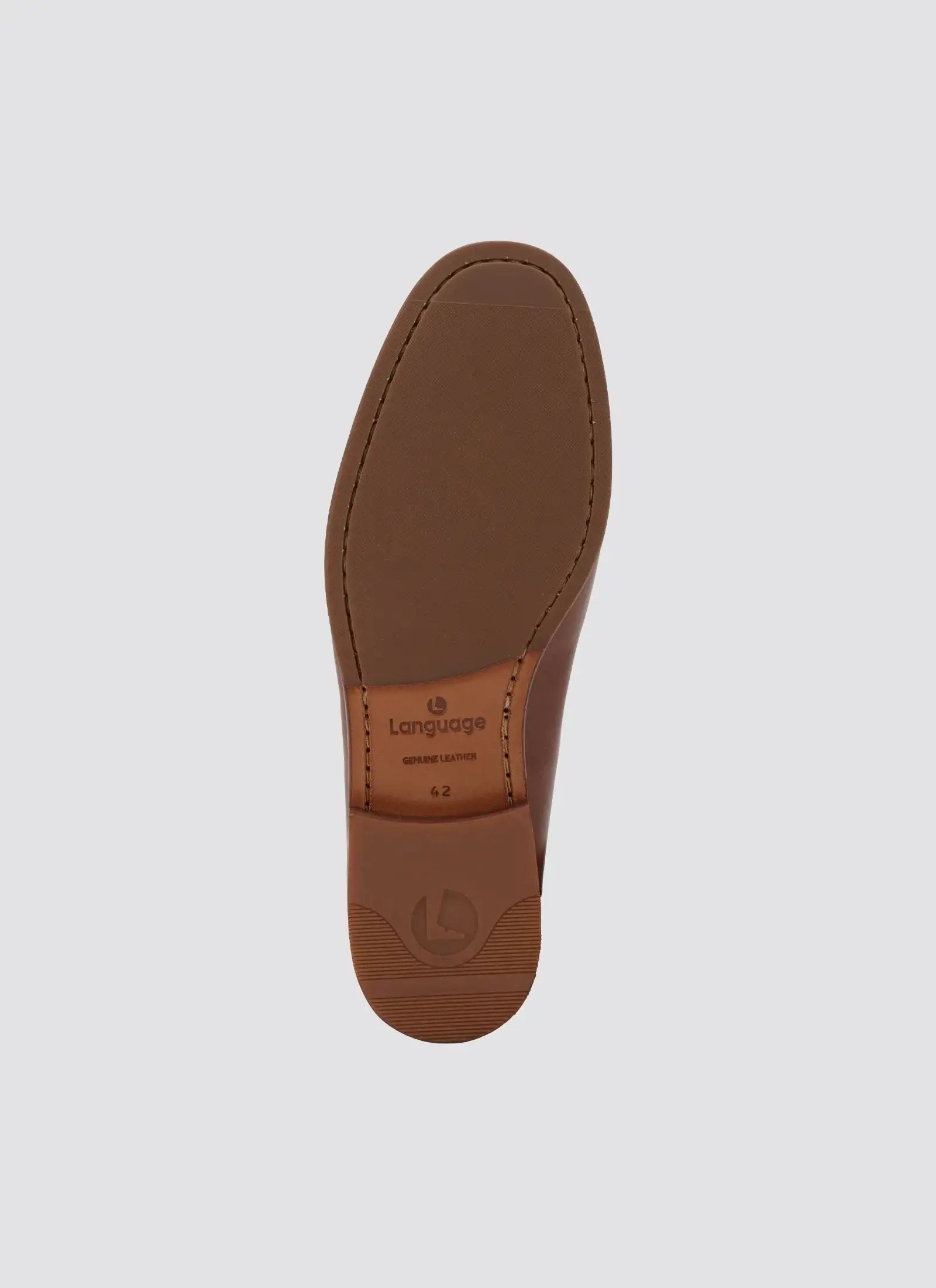 Brown genuine leather shoe sole with branding, size 42, on white background