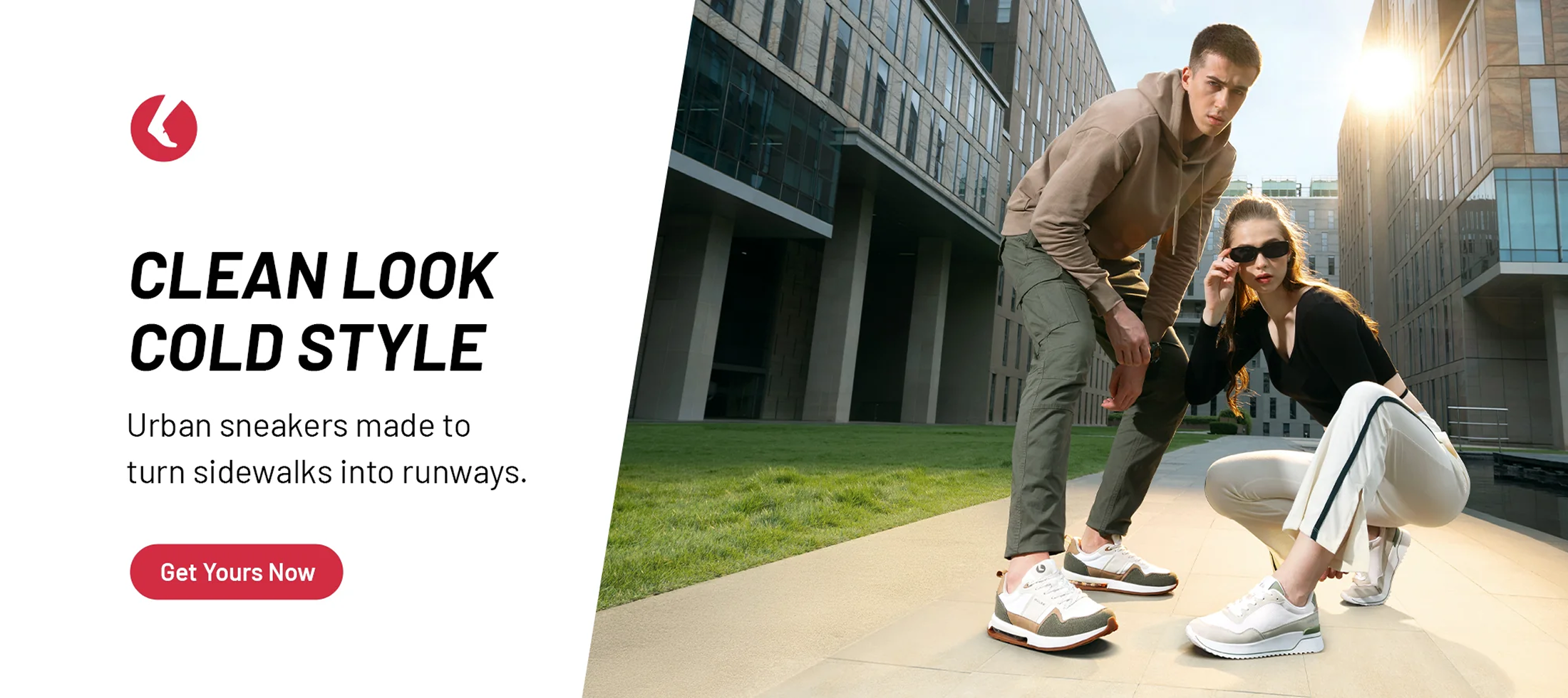 Man and woman wearing stylish urban sneakers posing outdoors in modern city setting