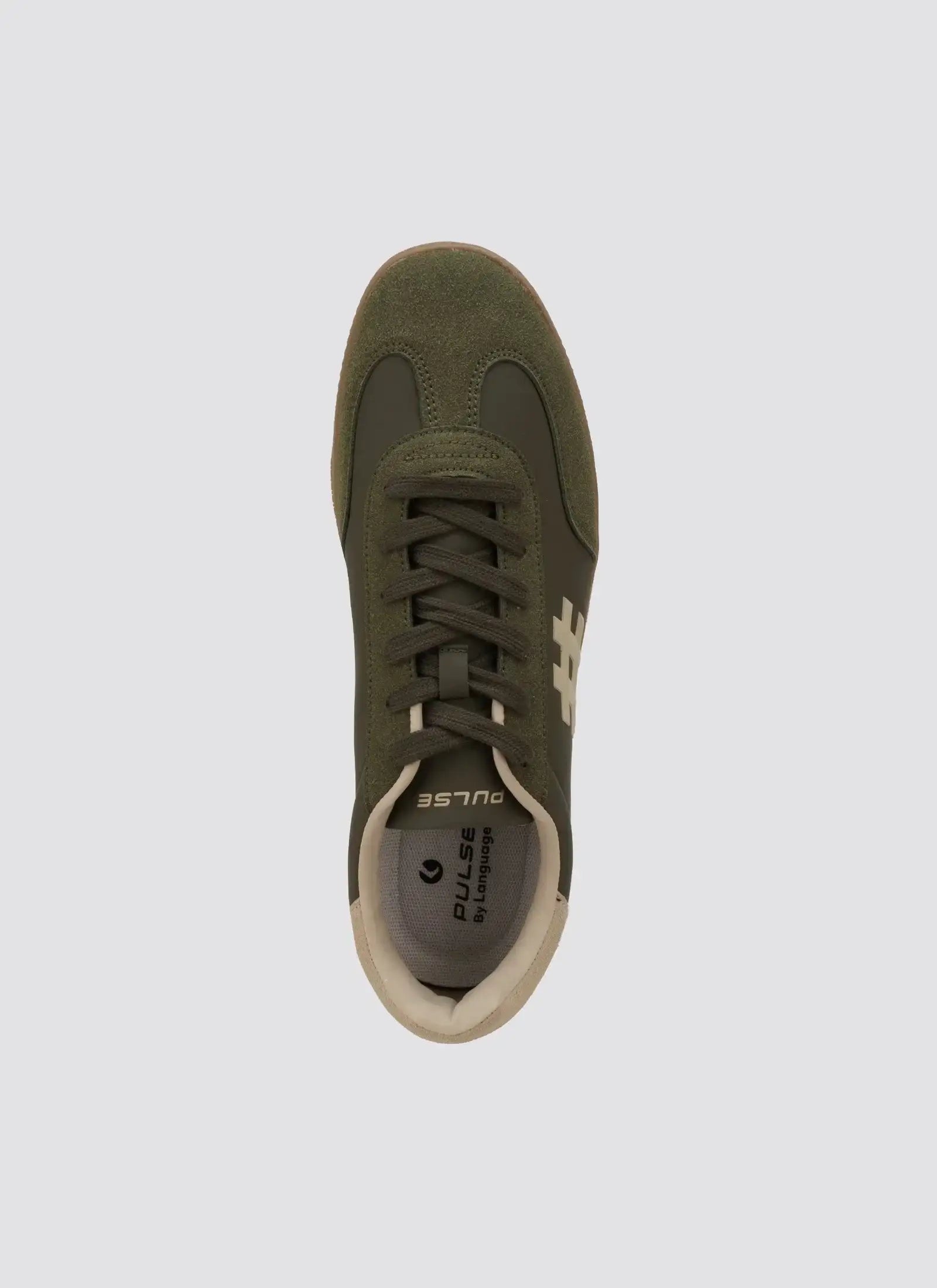 Olive green lace-up sneaker with suede and leather panels, top view, beige sole, casual footwear.