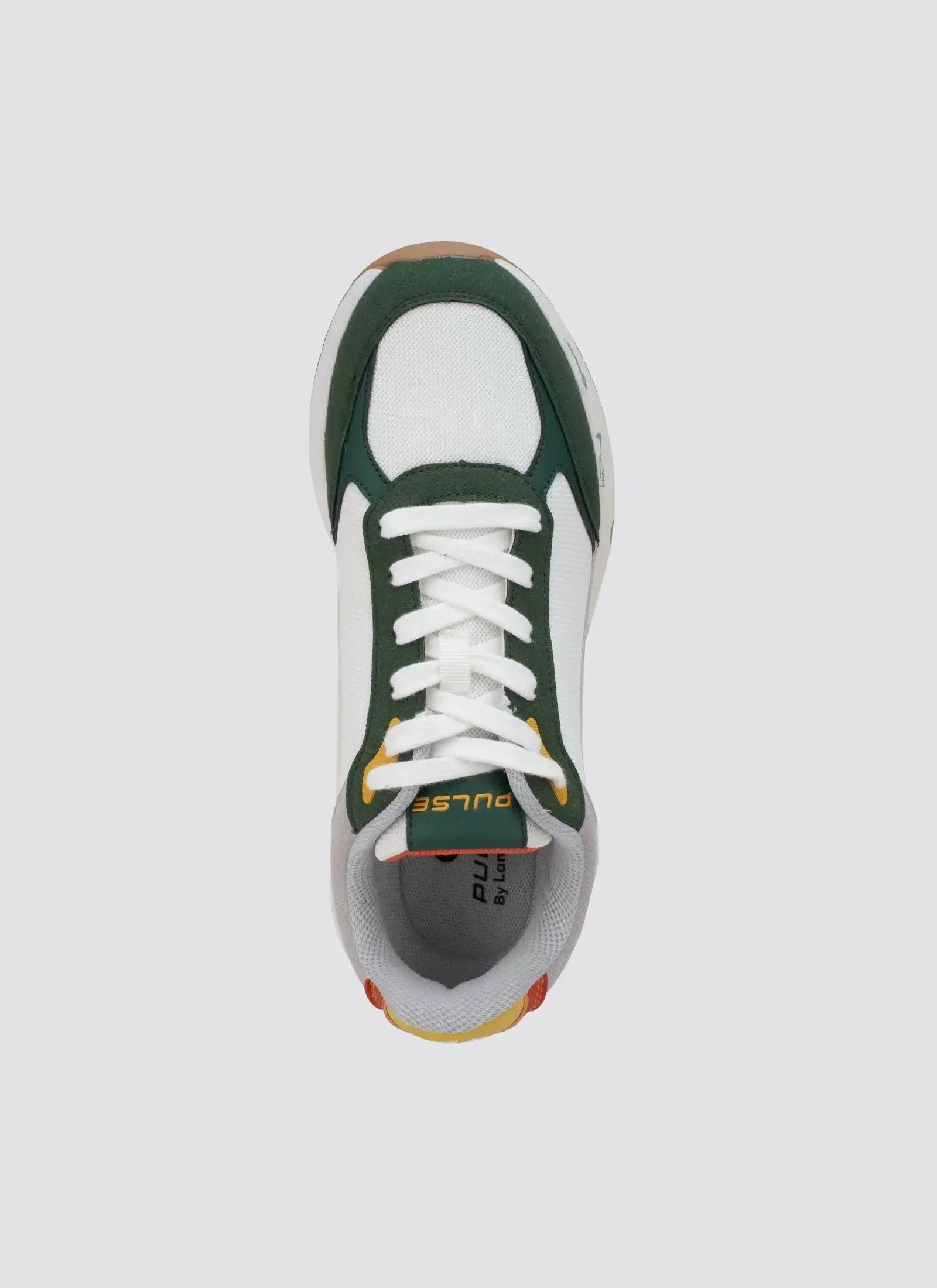 Top view of white and green lace-up sneaker with yellow and orange accents