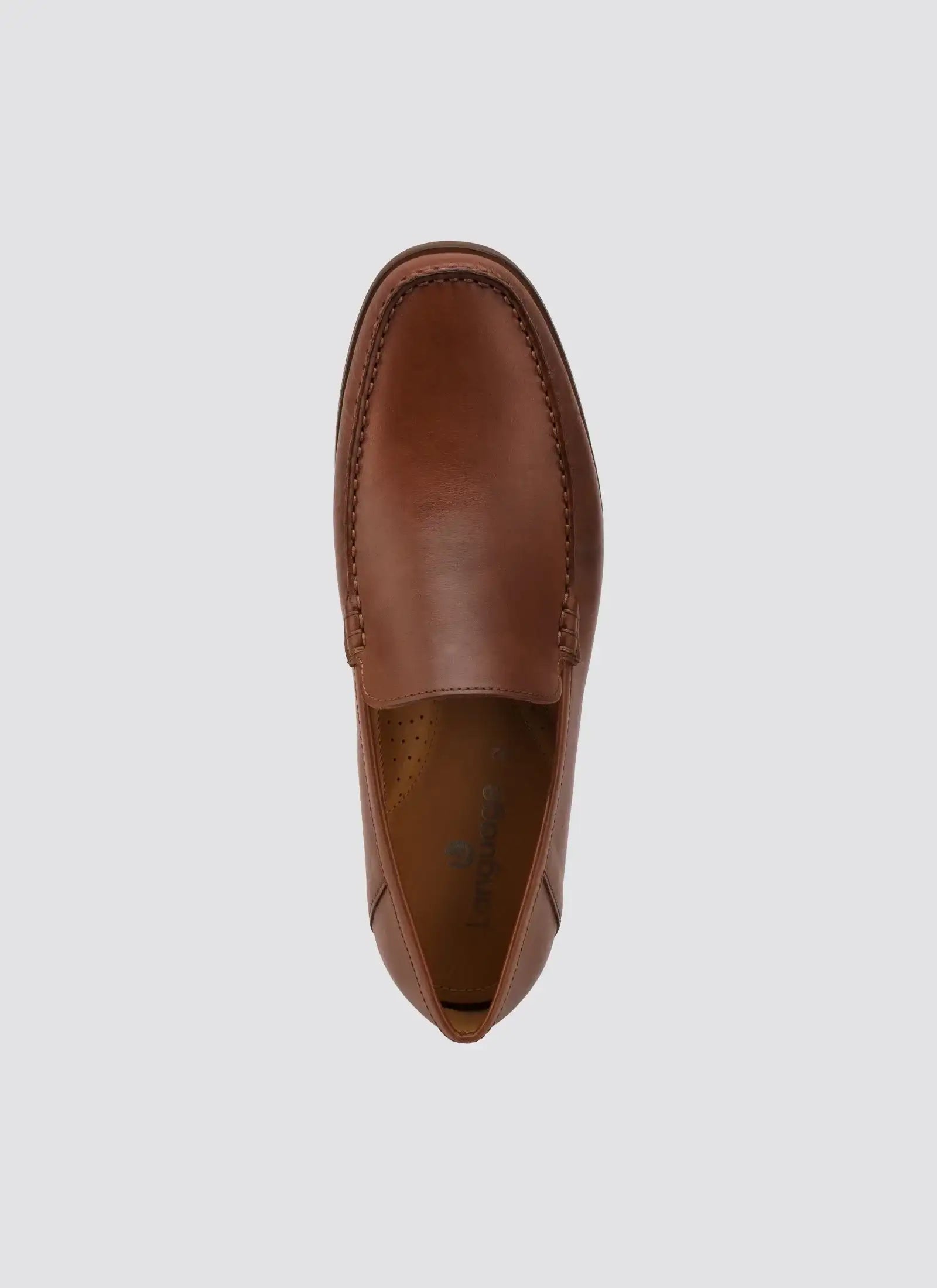 Men's brown leather loafer shoe with moc toe design, photographed from above