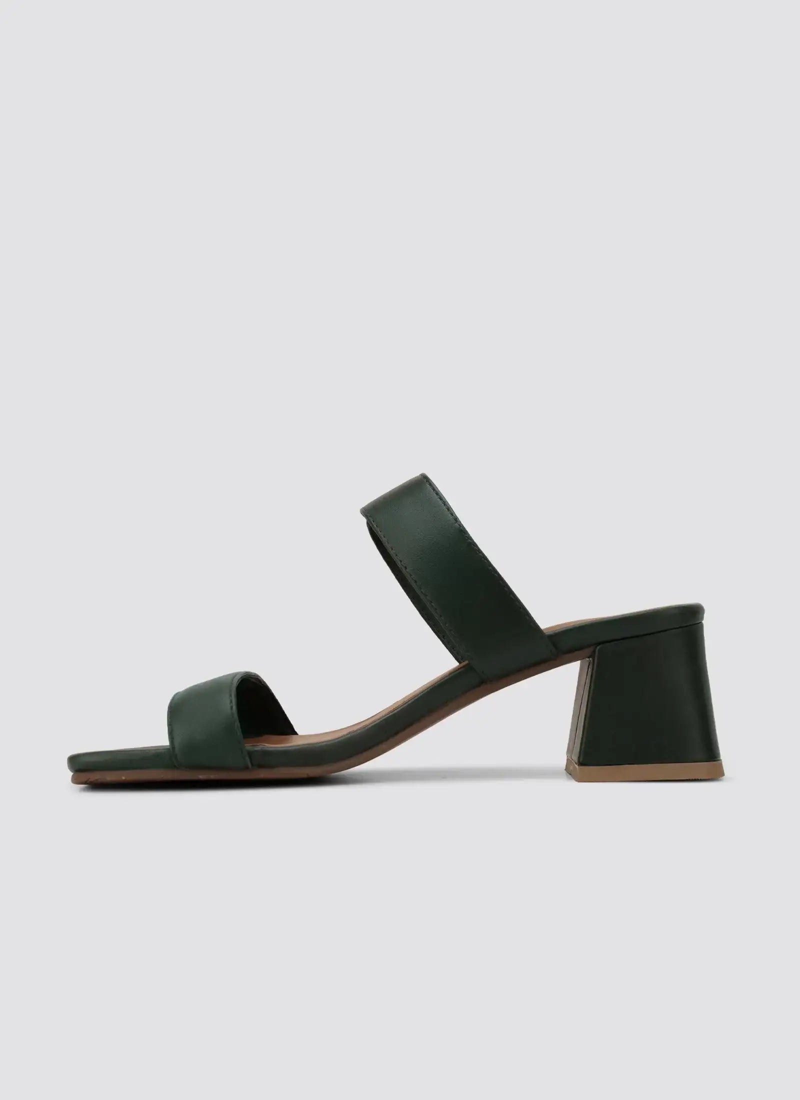 Women's green block heel sandal with two straps, minimalist design on white background