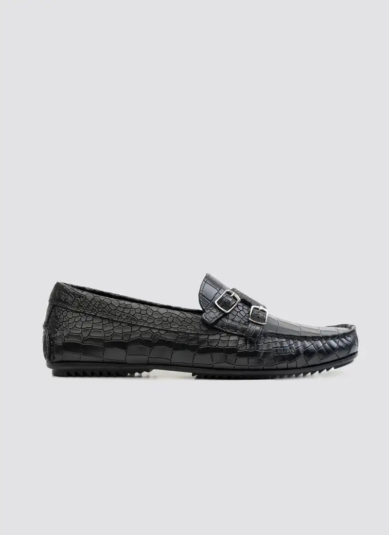 Black crocodile-texture leather loafer with double buckles, men's dress footwear #color_black