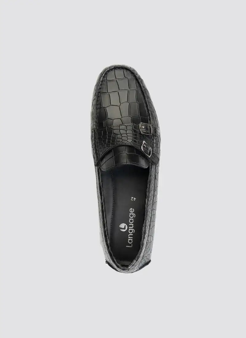 Black men's loafer with crocodile texture and double monk strap detail, top view