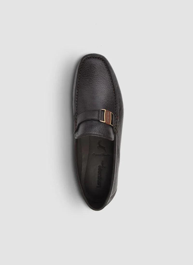 Brown leather loafer for men with gold buckle detail, formal footwear on white background