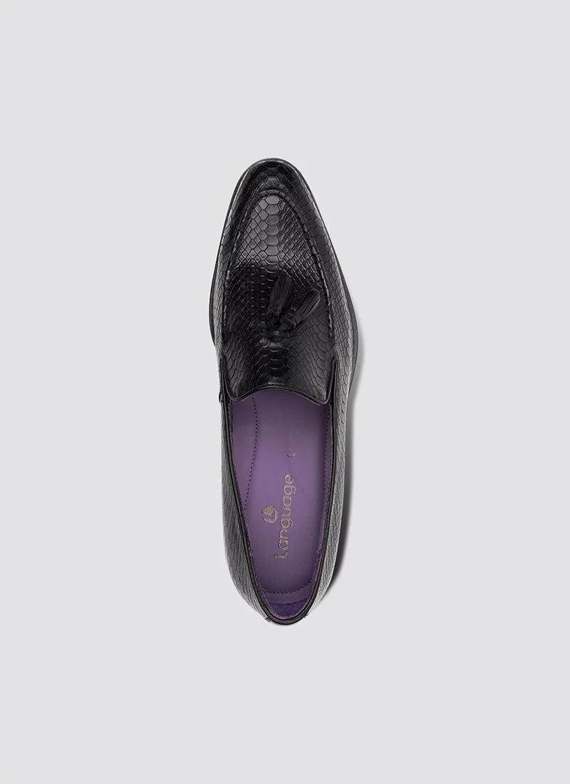 Black textured leather tassel loafer shoe with purple insole, top view