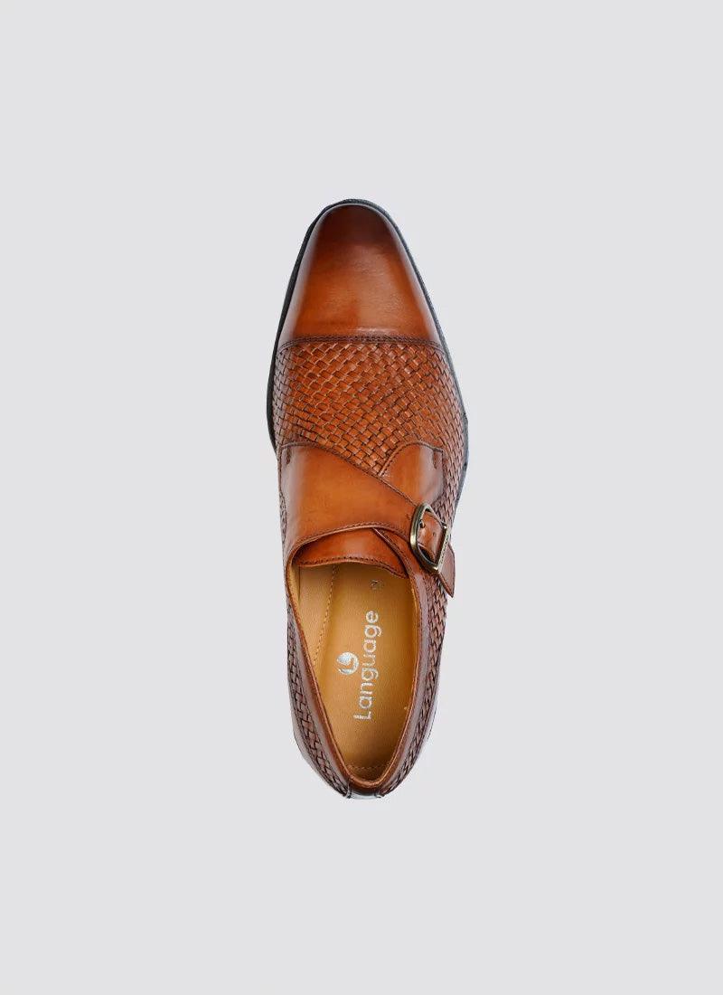 Tan woven leather monk strap shoe with buckle, formal mens footwear, top view