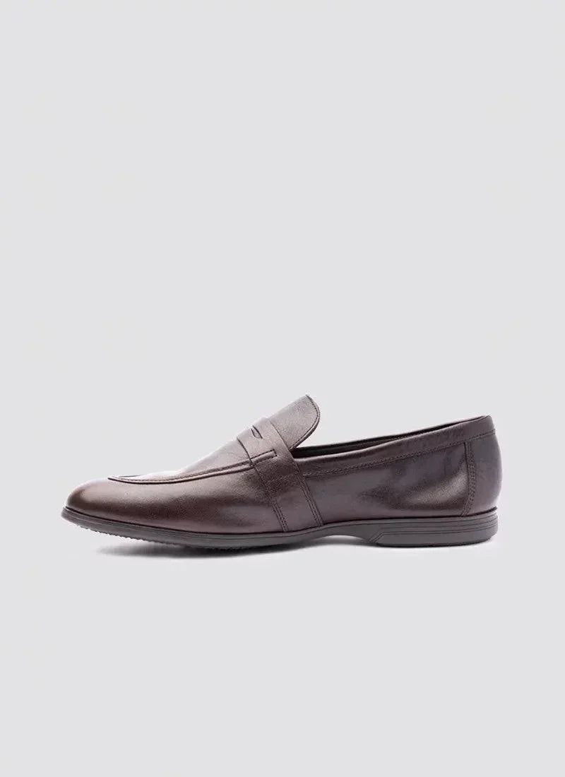 Men's brown leather loafer with penny slot, classic slip-on dress shoe on white background