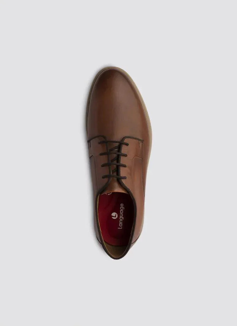 Tan leather lace-up dress shoe for men with brown laces and red insole, top view