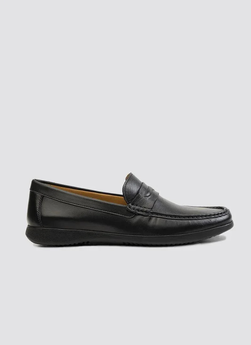 Men's black leather loafer shoe with penny strap, classic slip-on dress footwear