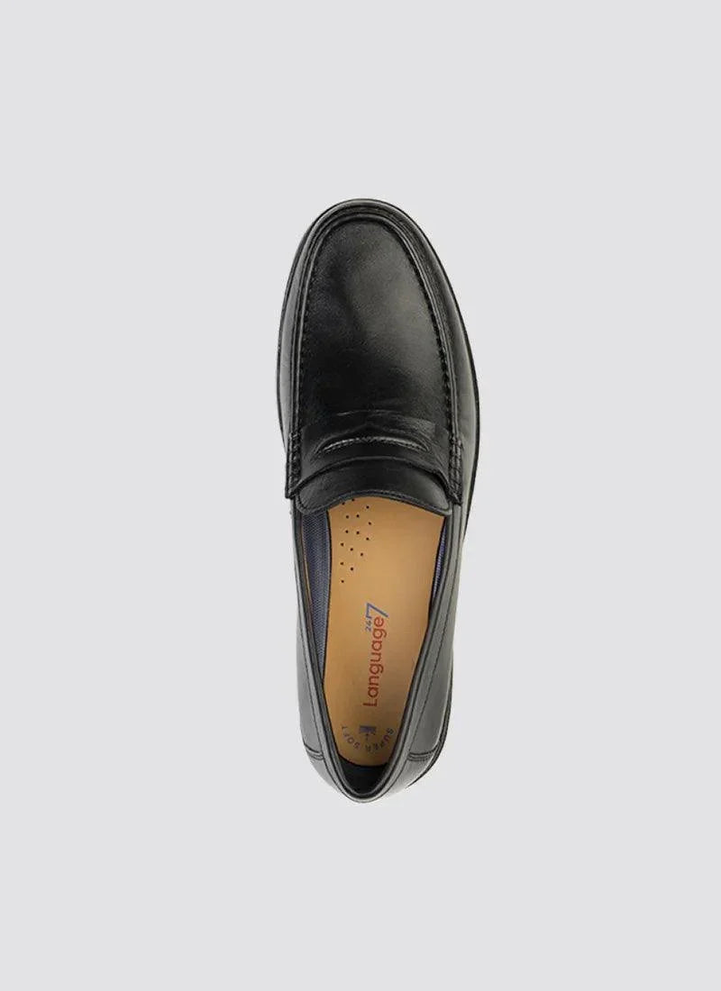 Black leather loafer for men viewed from above on a plain background