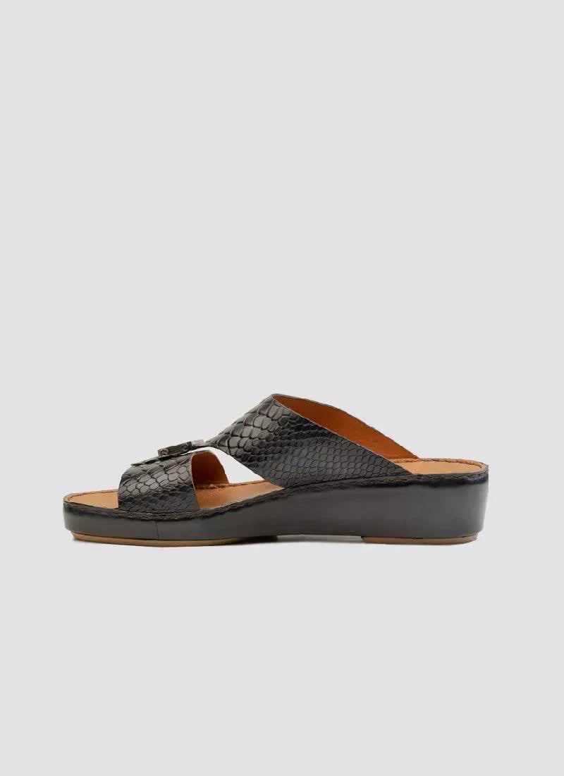 Black textured leather slip-on sandal for men with buckle detail and open toe design