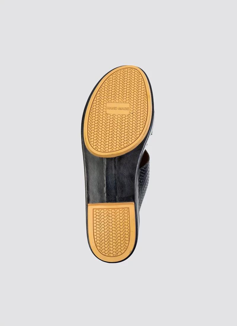 Sole view of a black formal men's shoe with textured tan rubber outsole and heel pattern.