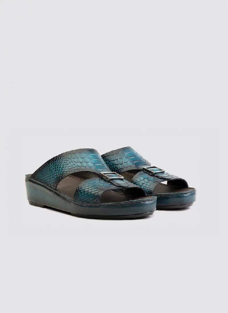 Turquoise textured leather men's sandals with buckles and open toe design on white background
