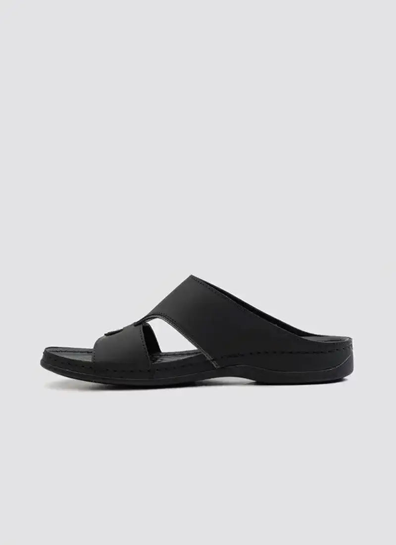 Black leather men's slide sandal with open toe and cushioned sole on plain background