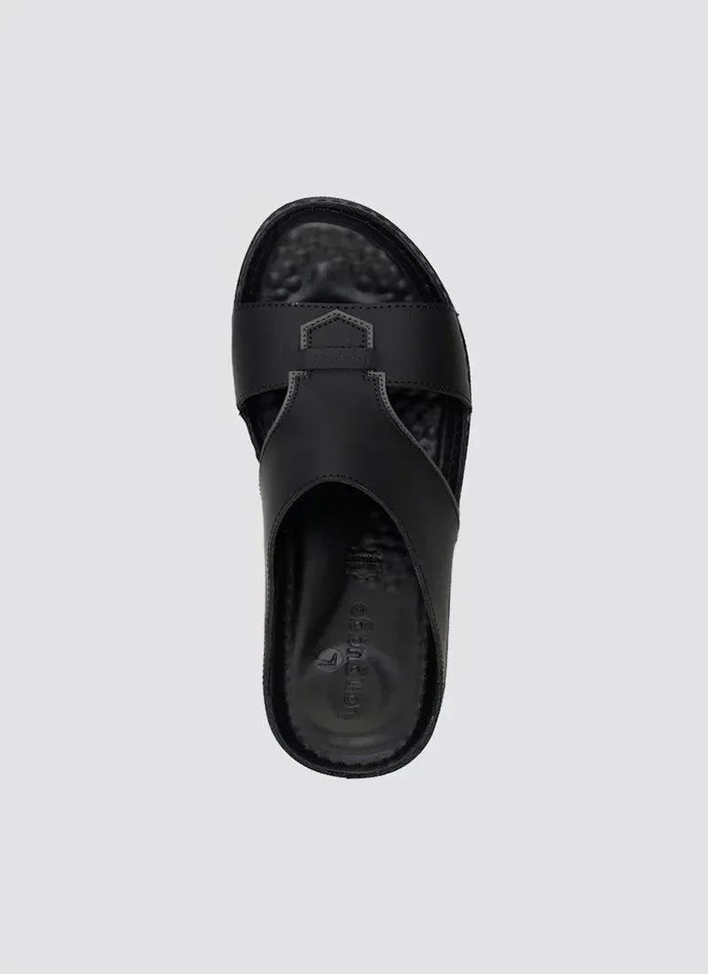 Top view of a black leather men's slide sandal with cushioned sole on a plain background