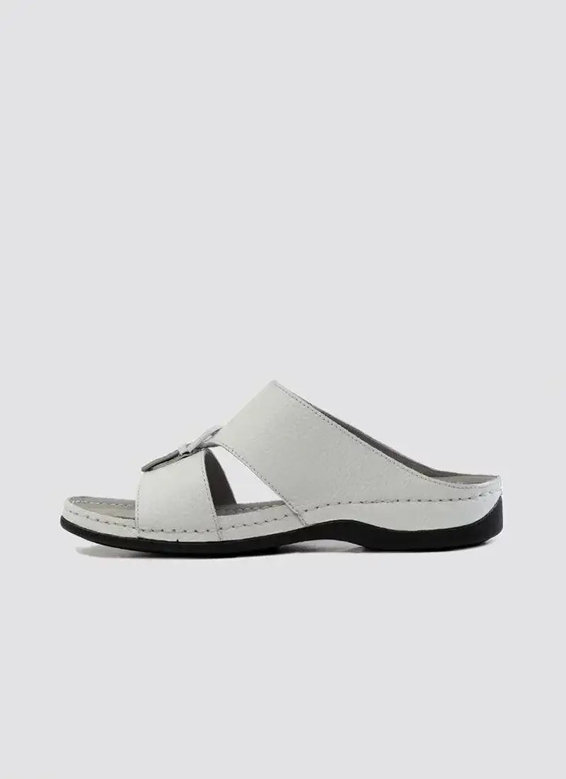 White leather men's slide sandal with open toe and black sole on gray background