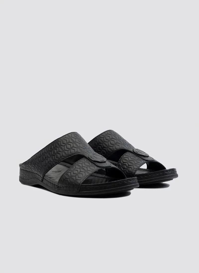 Black open toe men's sandals with textured geometric design on a plain background