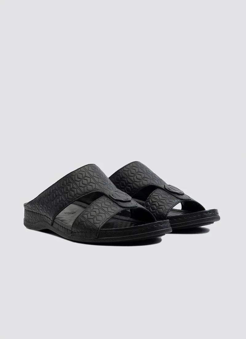 Black open toe men's sandals with textured geometric design on a plain background #color_black