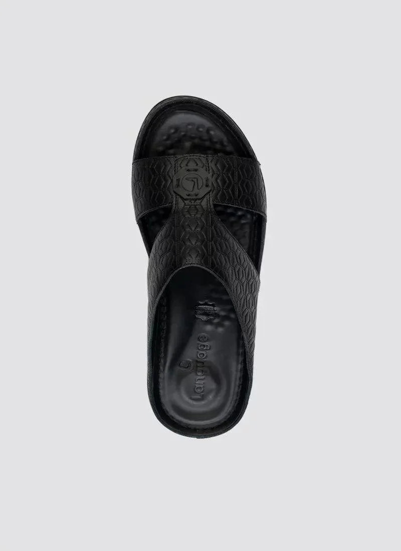 Top view of black leather slide sandal with textured criss-cross straps for men