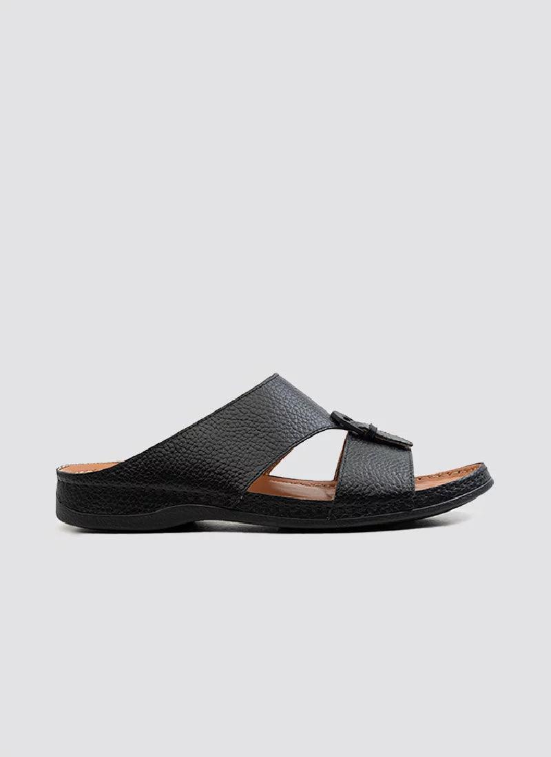 Men's black leather slide sandal with textured upper and open toe design