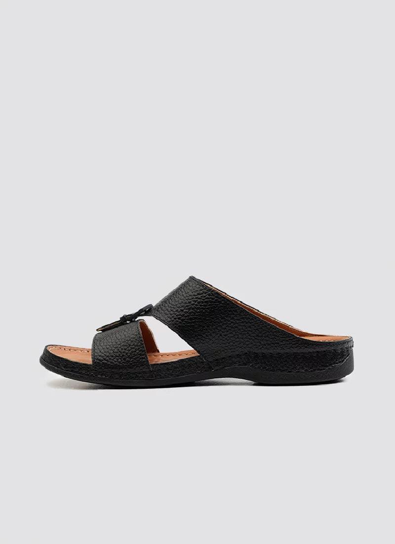 Black textured leather men's open-toe slide sandal with cushioned sole, side view