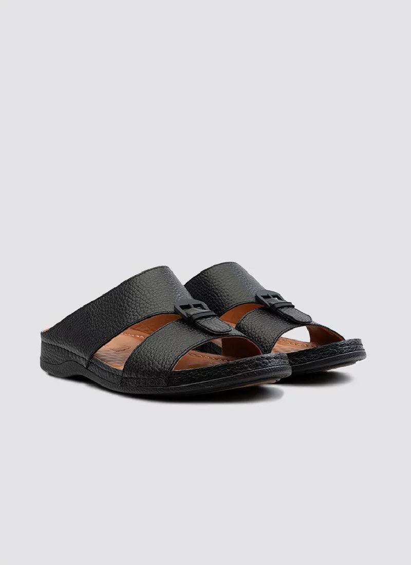 Black men's leather slide sandals with textured finish and open toe design on light background