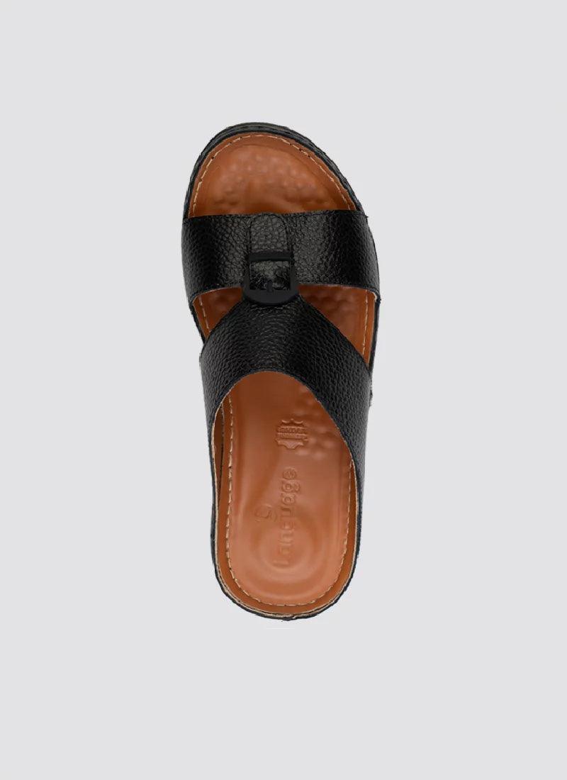Black leather men's sandal with brown cushioned sole, slip-on design, top view