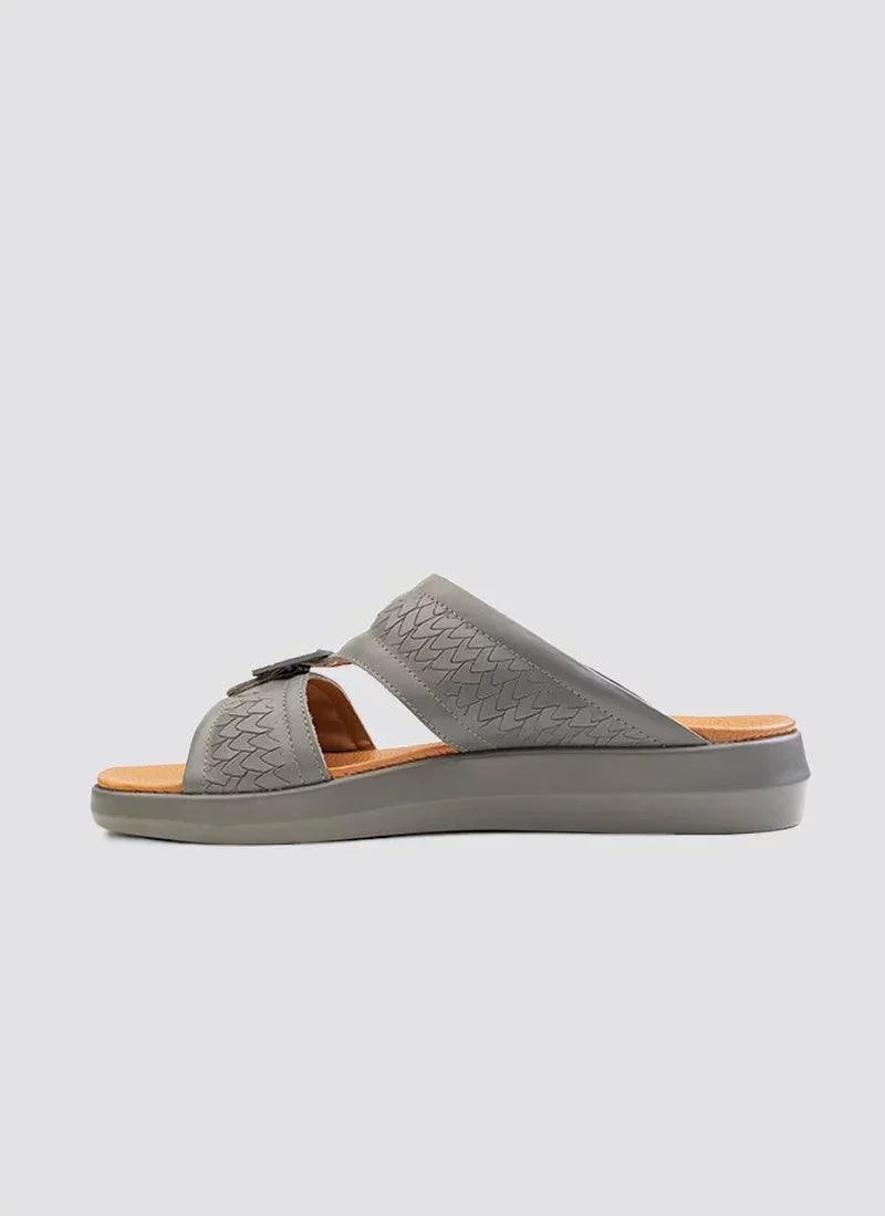 Men's grey open-toe leather sandal with textured straps and slip-on design on white background