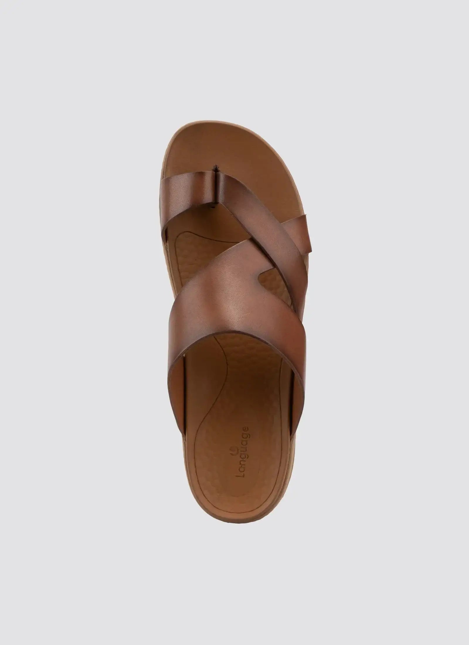 Tan leather men's sandal with crisscross straps and cushioned footbed, top view