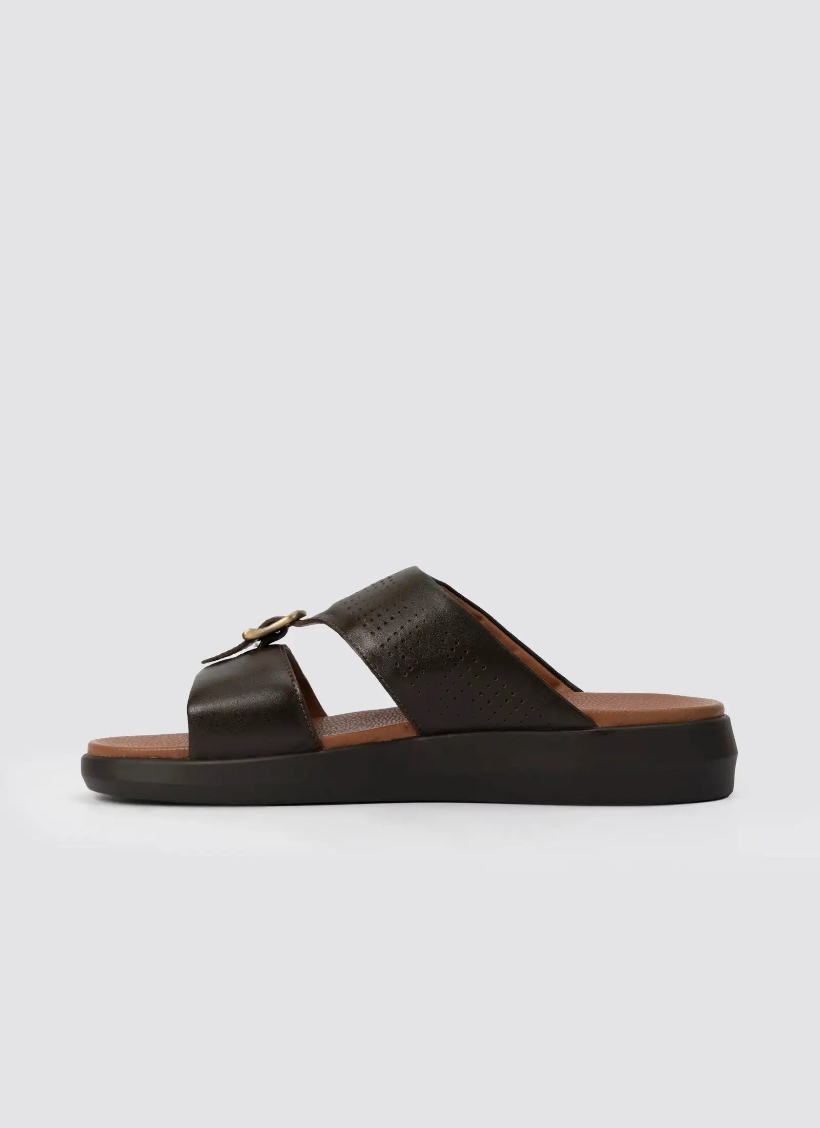 Black sandal with a wooden sole on a light gray background