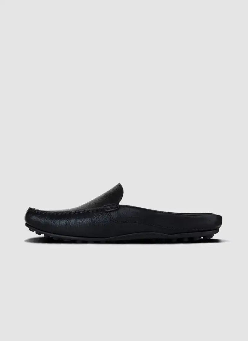 Black leather men's loafer mule with textured sole on a plain grey background #color_black