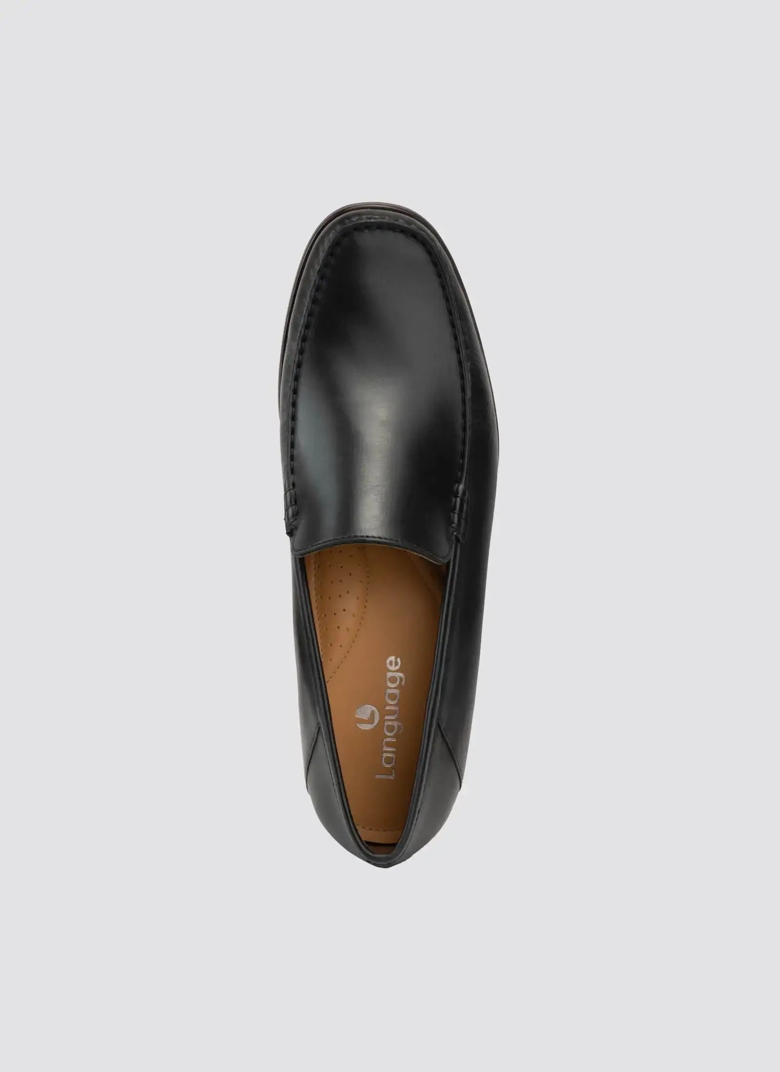 Black leather loafer for men, top view, slip-on shoe with cushioned insole
