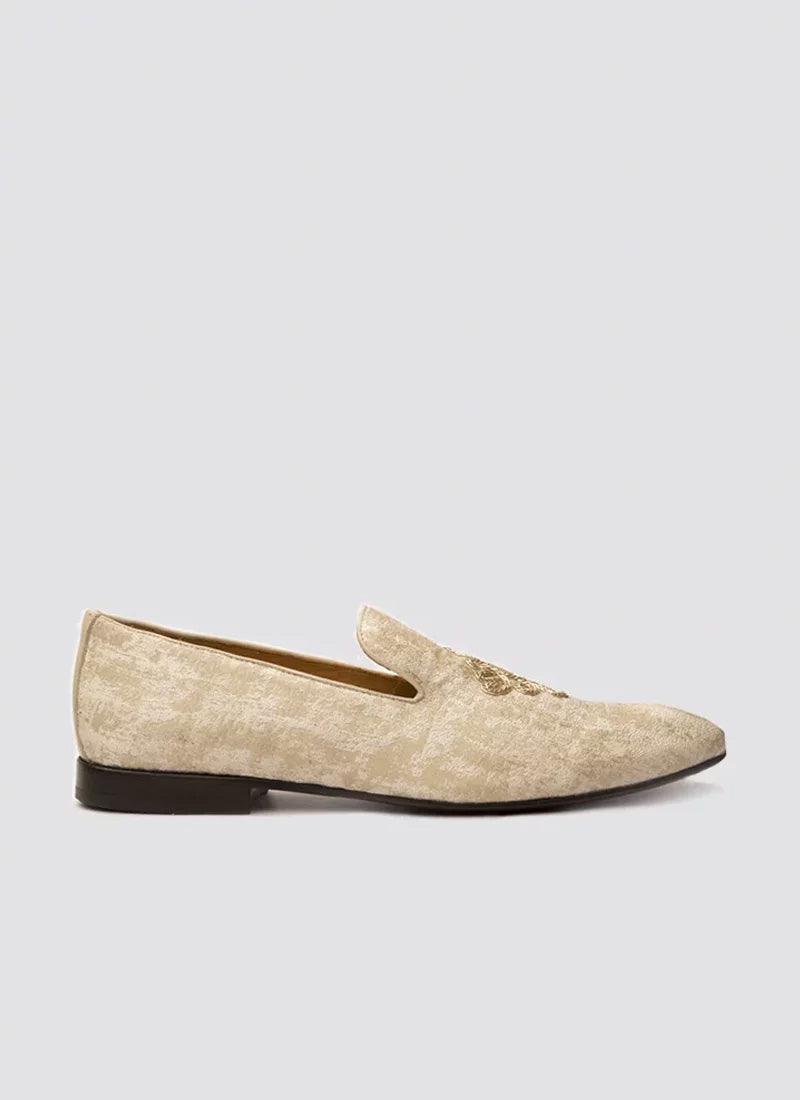Beige velvet men's loafer with gold embroidery, flat sole, formal footwear side view