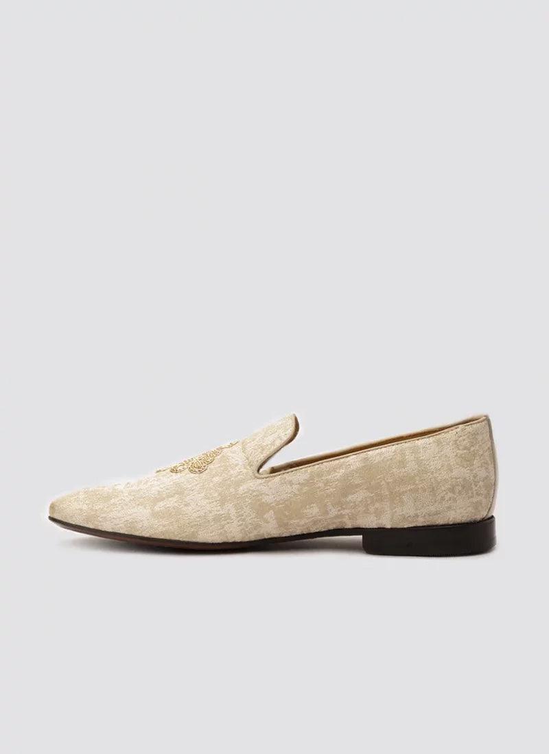Men's beige velvet loafer with gold embroidery, flat black sole, luxury footwear