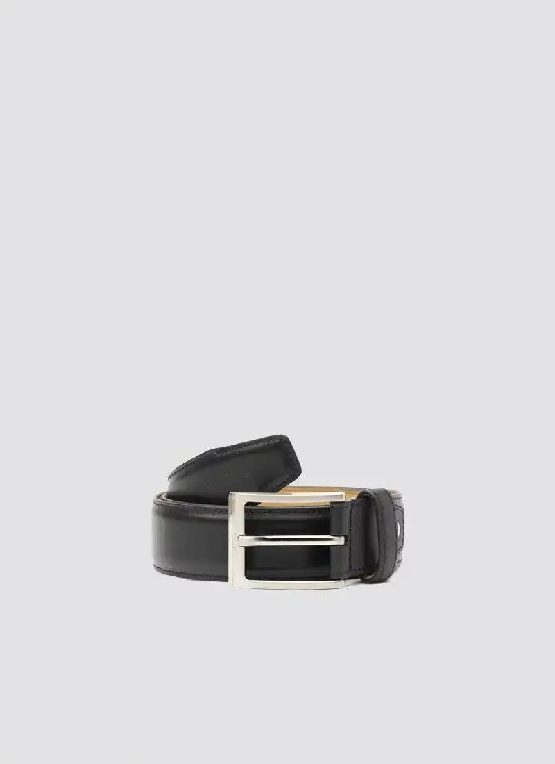 Black leather men's belt with silver buckle on light background