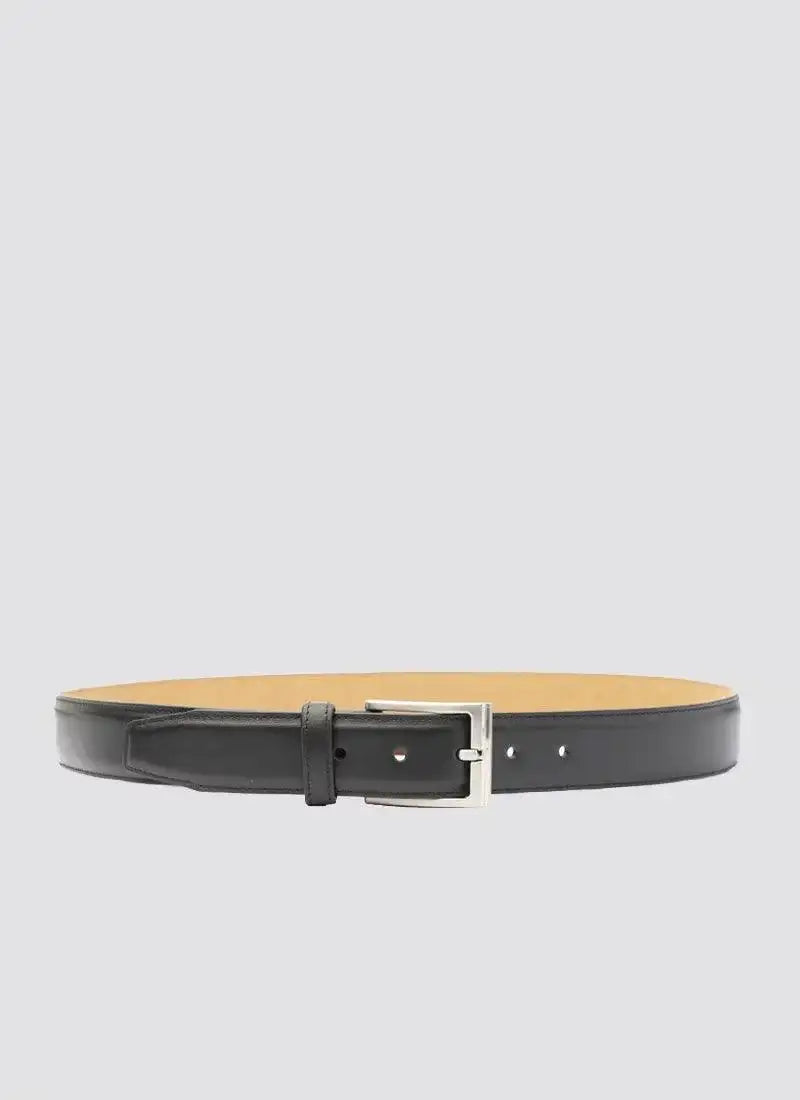 Black leather men's belt with silver buckle on a plain background