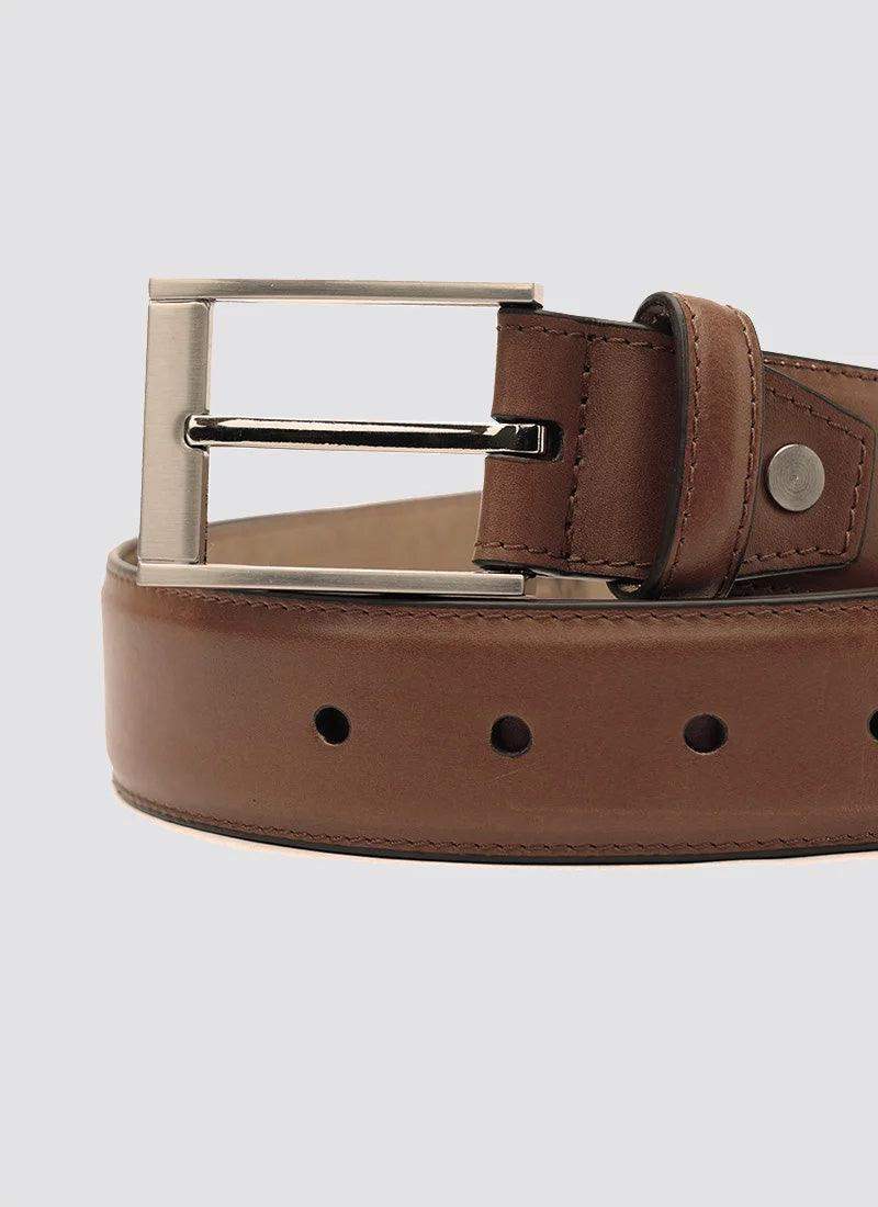 Men's brown leather belt with silver buckle on light background