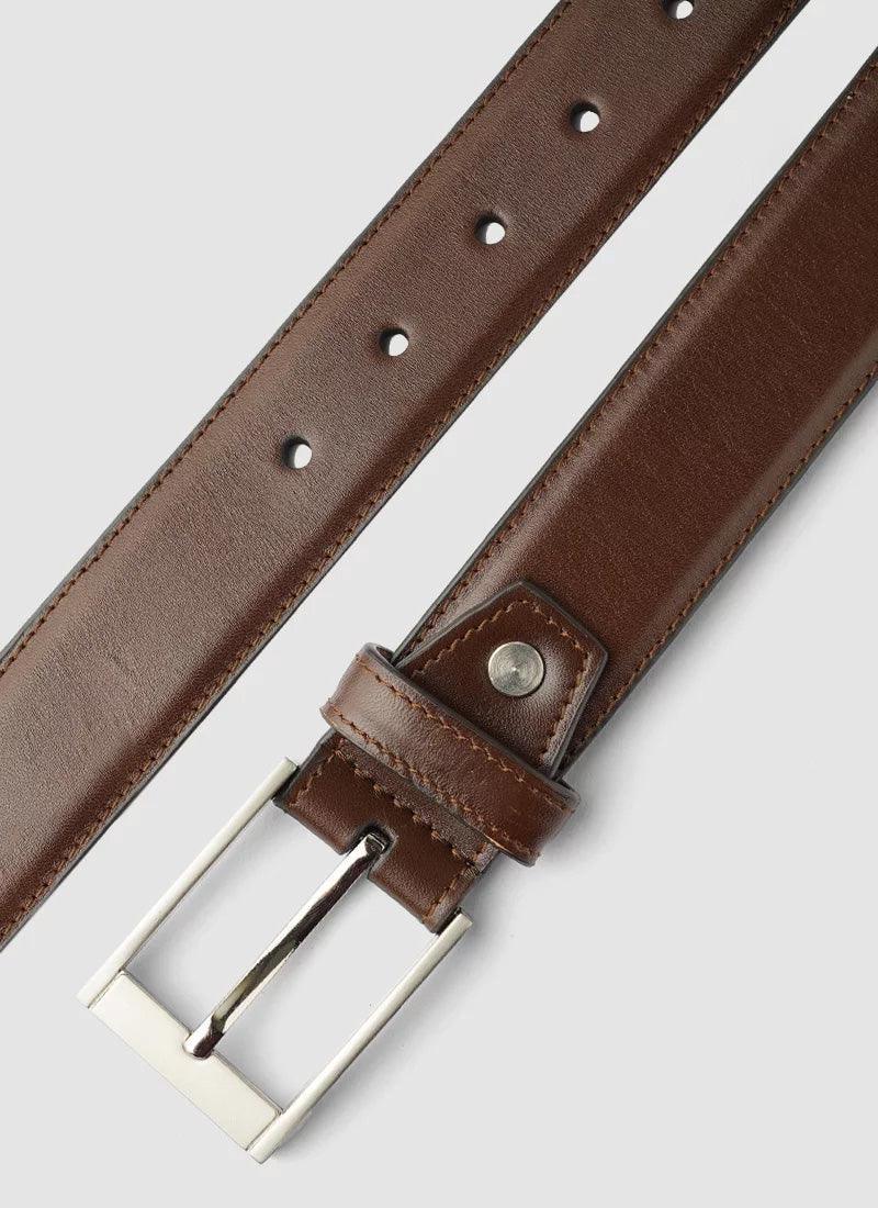 Men's brown leather belt with silver buckle on light background