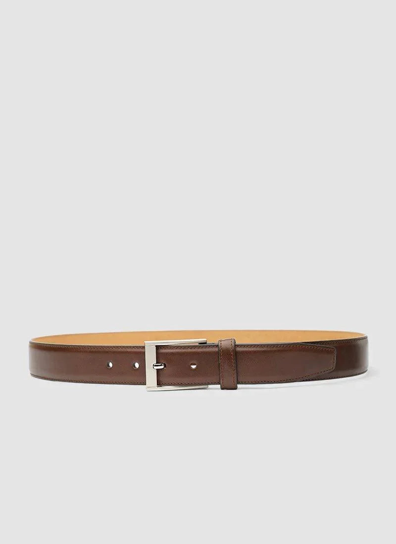 Men's brown leather belt with silver buckle on light background