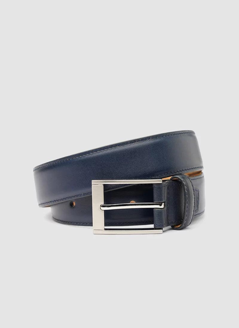 Men's navy blue leather belt with silver buckle on a plain background