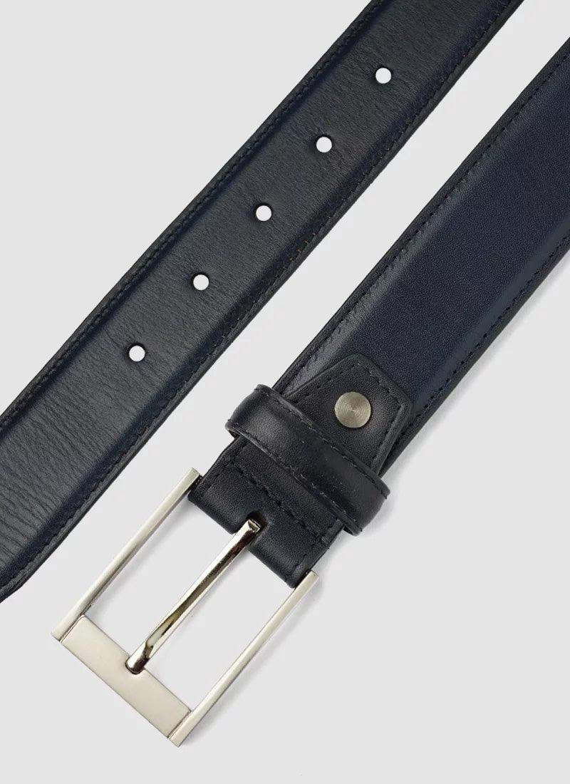 Men's navy leather belt with silver buckle and stitched detailing on white background