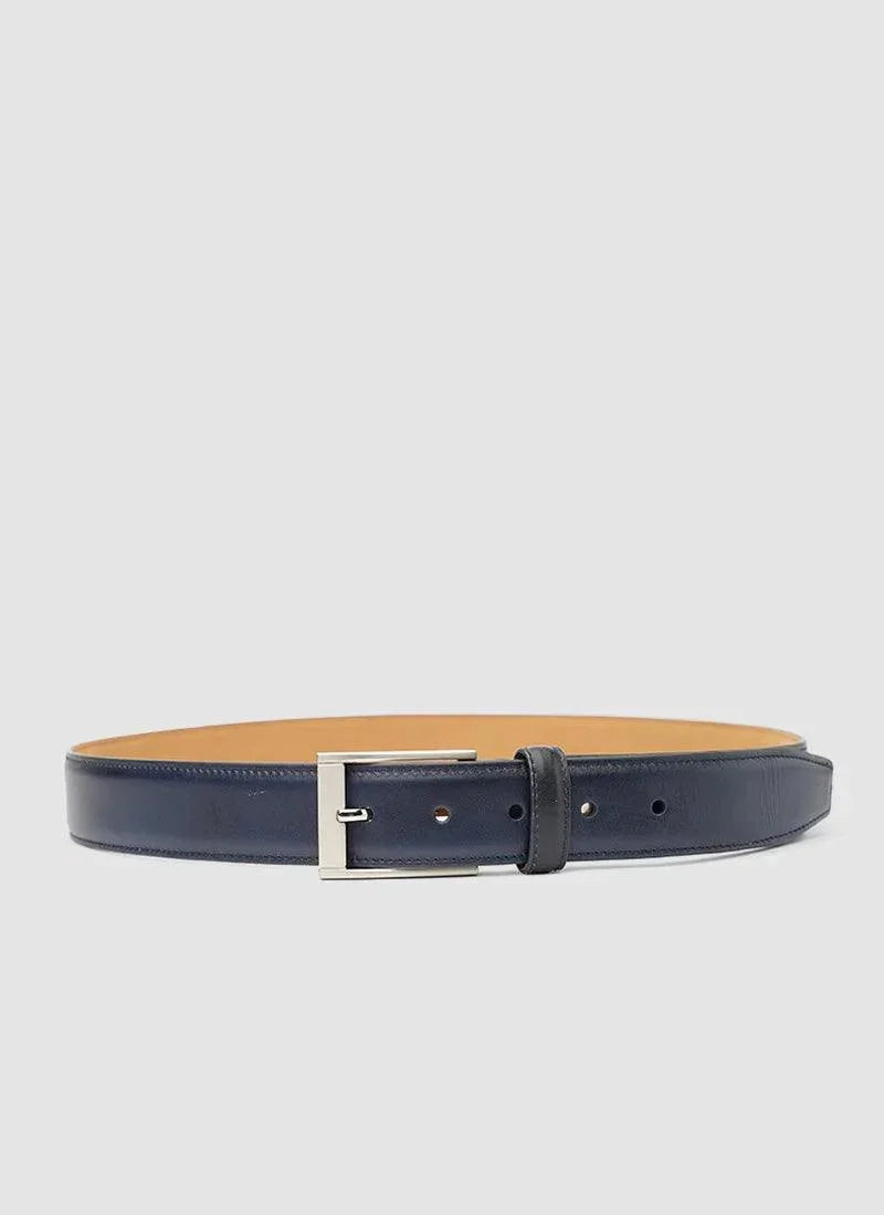 Men's navy blue leather belt with silver buckle on white background