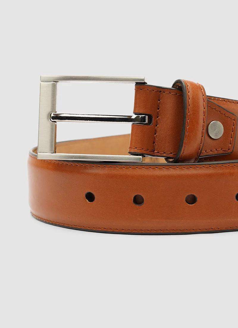 Tan leather belt with silver buckle on plain background, men's accessories