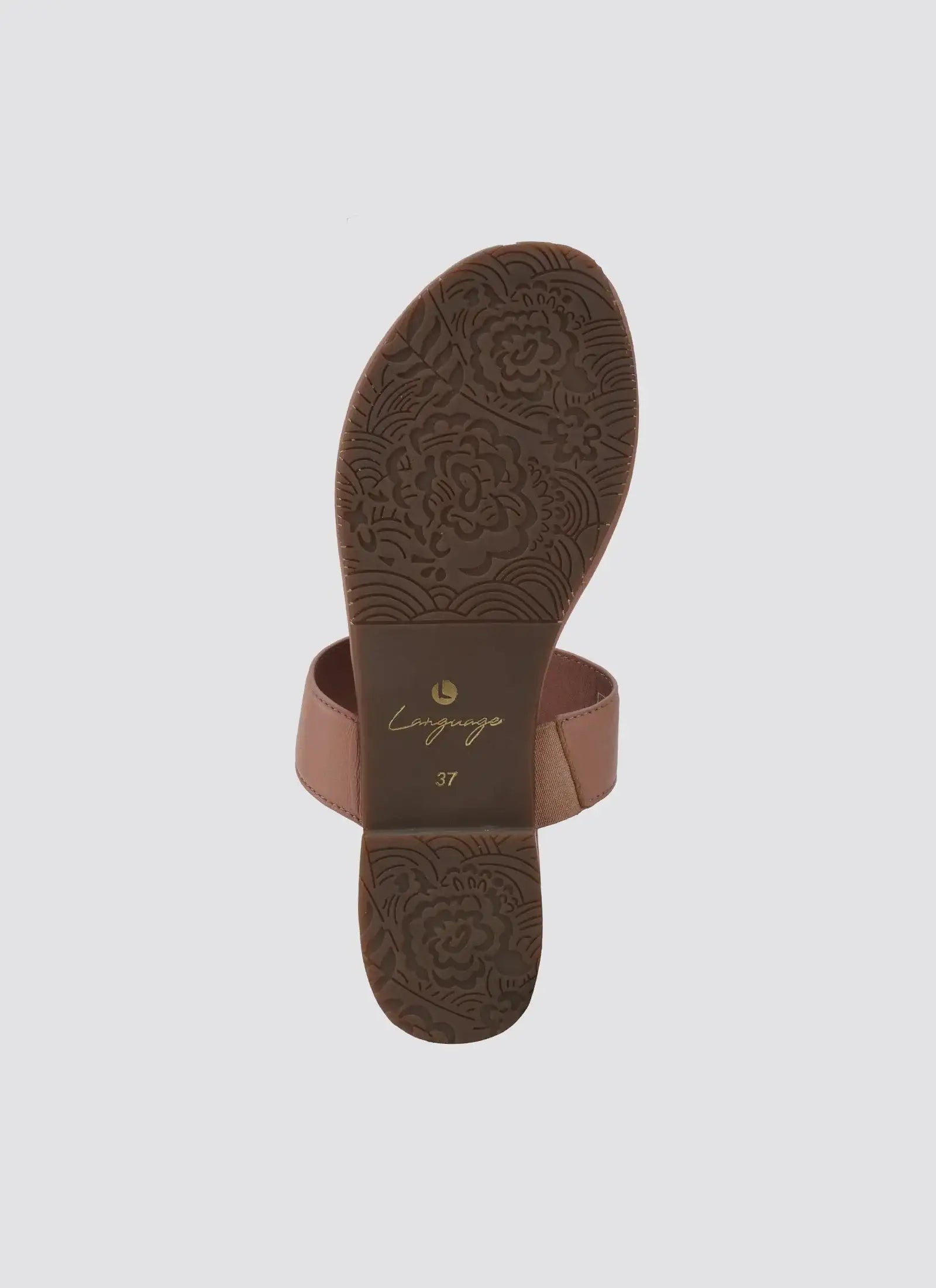 Back view of pink sandal with floral textured brown sole and size marking