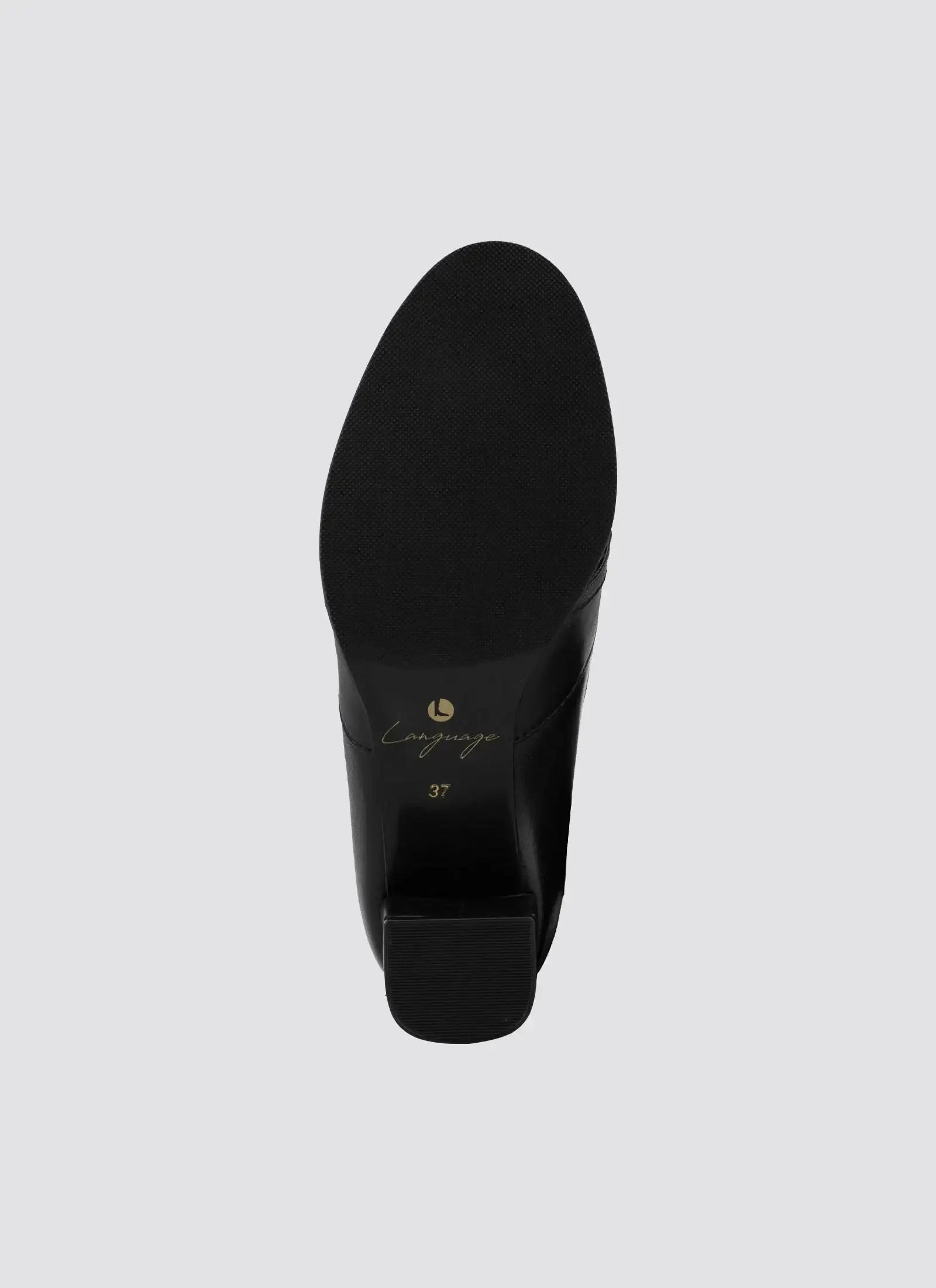 Black heeled shoe sole with textured grip and size 37 marking on light background