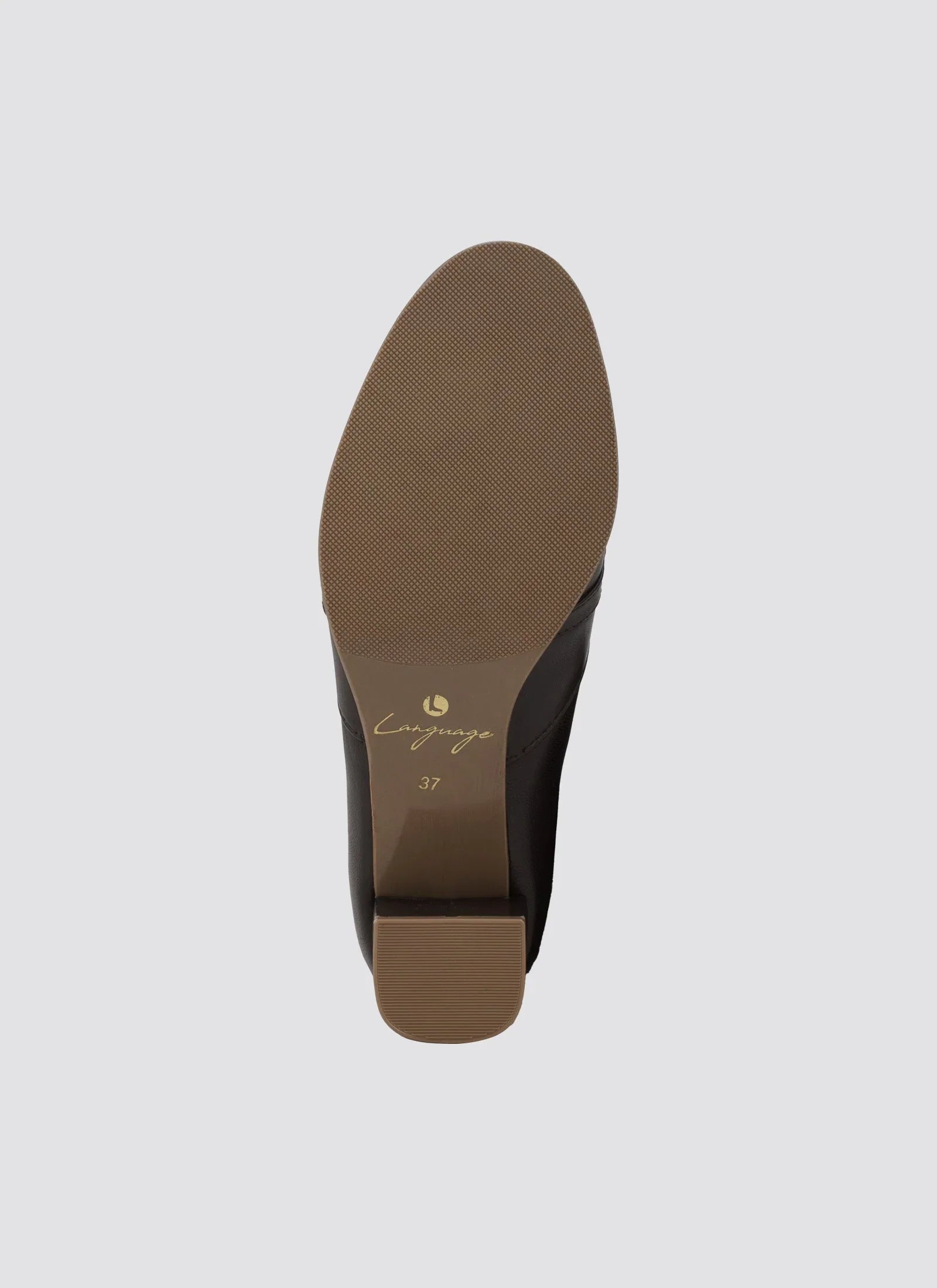 Brown women’s shoe sole with textured tread and block heel, size 37, on white background